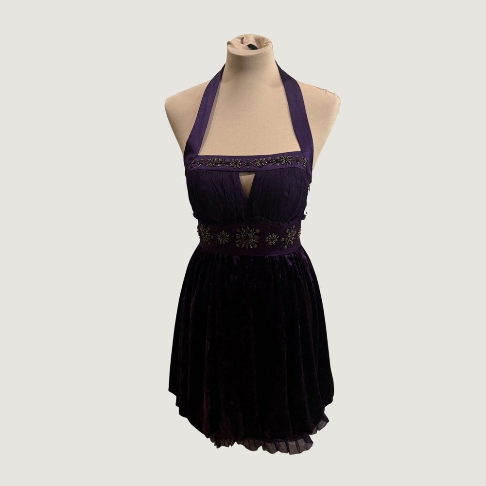 Sue Wong Nocturne Purple Velvet Silk Halter Mini Dress Beaded Y2K Whimsigoth 4 - Picture 4 of 13